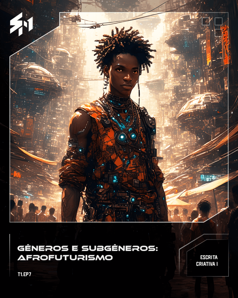 Uma pessoa negra parada em uma cidade que expressa a cultura africana com uma mistura de ficção científica.