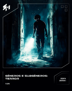 Um corredor escuro e sombrio com uma pessoa expressando medo e tensão para atravessar.