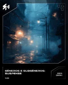 Uma rua vazia e escura com neblina, prédios com luzes baixas, atmosfera de tensão e mistério