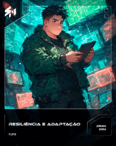 Leo segurando seu tablet em pé em uma sala rodeado por telas